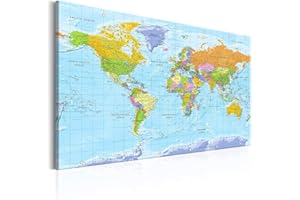 decomonkey Pannello in fibra per puntine 90 x 60 cm contiene 50 pin Mappa del mondo politico ENG tela Planisfero Bacheca e quadro su tela in uno