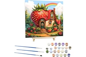 EOBROMD Strawberry House Paint by Numbers for Adults on Framed Canvas, Fantasy Paint by Numbers Kits with Wood Easel, Oil Acrylic Craft Art Painting Kits for Home Wall Decor 12x12 in