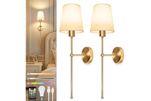 Ketom Battery Operated Wall Lights Set of 2, Rechargeable Wall Lights Indoor with Charging Bulbs and Remote, 3 Color Temperature Wireless Sconces, 8 RGB Colors Dimmable, with Fabric Shade, Gold
