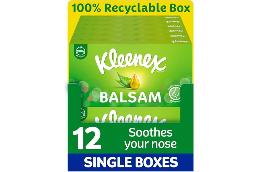 Kleenex® Balsam Facial Tissues - Pack of 12 Tissue Boxes - Balm Tissues Protect and Soothe Your Nose When You've Got a Cold - Balmcare® with Aloe Vera, Vitamin E and Calendula
