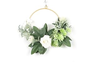 HUDHOWKS SHOUBIAOD flores secas, anillo metal, decoración para colgar, flores artificiales, anillo metal , pared, para cumpleaños, bodas, fiestas, accesorios, tamaño 30 cm (rosa blanca)