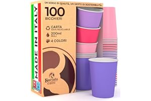 BACIATO CAFFÈ 100 Bicchieri in Carta 200ml PrincessMix Ecologici Biodegradabili Monouso Made in Italy Asporto Bevande Calde Acqua - MIX di Colori Rosa Lilla Viola Fucsia - Prodotto e Confezionato in Italia