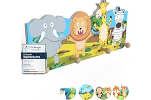 bunnyboo Kindergarderobe aus Holz - Garderobe Kinder mit 4 Kleiderhaken Kinder - kindliche Designs- wunderschöne Garderobenleiste Kinder (Safari)
