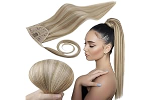 ‎RUNATURE Runature Braid Extensions, Real Hair, Balayage Ash Blonde Mix Medium Blonde Balayage, Ponytail Extensions, Real Hair, 30cm, 70g