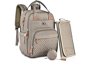 Dikaslon Sac a Langer Bebe, Sac à Langer à Dos Grande Capacité 18 Poches, Polysteer Déperlant, Tapis à Langer, Porte Tétine, Sangles Intégrées Poussette – Sorties Faciles (Kaki)