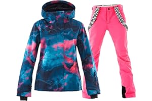 ALSOGO Damska kurtka narciarska i spodnie narciarskie, zestaw 2-częściowy, kombinezon śniegowy 10 000 mm słupa wody, oddychające, na szelkach, wiatroszczelne spodnie śniegowe ze zdejmowanym kapturem,