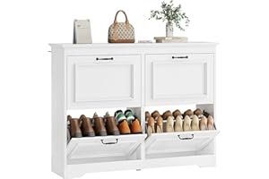 Brinlawb Meuble à Chaussures Entree, Armoire à Chaussures avec 4 Portes abattantes,Séparateur Réglable, Peut contenir 18 à 24 paires de chaussures Pour entrée, couloir, séjour, chambre,4 tiroirs Blanc