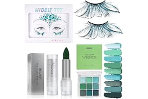 SHOWHEEL Pfauen Kostüm Damen, Schminke Pfau, mit Wimpern Pfau, Grüner Lippenstift, Lidschatten Grün, Glitzersteine Gesicht, Kopfschmuck Pfau, Kostüm Pfau Zubehör, zum Halloween Karneval Schminke