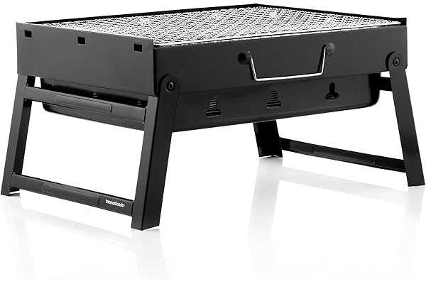 InnovaGoods® Barbecue Charbon Pliable, Mini Grill Camping Léger et Maniable, Plateau Repas Extérieur, Design Innovant, Facile à Nettoyer, Noir, Fer