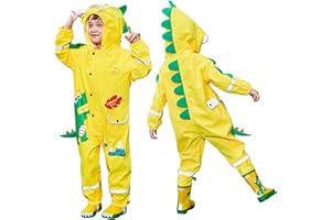 JinBei Vestiti per bambini Ragazzi Ragazze All in One Impermeabile con Cappuccio Impermeabile Unisex Leggero Carino Modello 3D Rainsuits Poncho Traspirante Cappello Trasparente Strisce Riflettenti