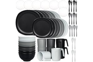 Greentainer Unbreakable Plastic Dinnerware Sets, 56 pcs Lightweight Camping Tableware Set, Microwave & Dishwasher Safe Plates Set, Bowls, Cups Mugs, Service for 8, Great for Kids & Adults,Black