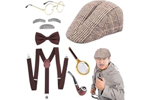 JORAKI Accesorios Hombre los Años 20 Sherlock Holmes Victorian Detective Disguise Cosplay Kit con Sombrero Lupa Liguero Pajarita Barba Cejas Gafas para Carnaval Mascarada Evento Fiesta