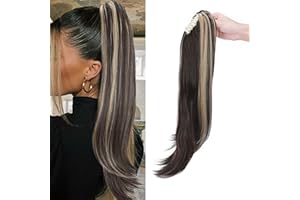 S-NOILITE Naturale Estensione Micro Ondulato Coda di Cavallo Claw on Ponytail Extension Capelli Veri Clip Parrucchino Ombre Posticci Donne 55cm Riccio Marrone scuro & biondo cenere