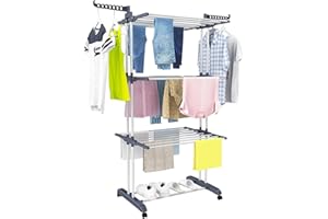 Mi Ko Mi Ka Tendedero Plegable de Acero Inoxidable para Ropa, 4 Niveles con Alas Laterales, 6 Bandejas Retráctiles, 35 kg de Capacidad, 4 Ruedas 360° y Diseño Plegable para Ahorrar Espacio (Gris)