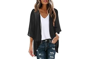 PAIDAXING Cárdigan de gasa para mujer, manga 3/4, para verano, playa, frente abierto, cárdigan tipo kimono ligero y transparente, blusa casual de playa