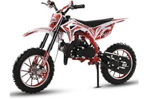 CHICMINE 49cc Kids Dirt Bike, Gas Powered 2-Stroke Mini Motorbike, Off-Road Motorcycle for Youth 8–14, with Front/Rear Disc Brakes, Shock Absorption & Soft Seat Cushion (Red)