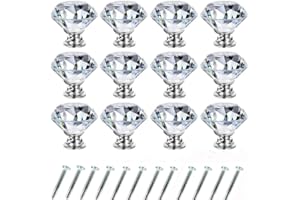 Wajade 12 Pack 30mm Drawer Knobs Crystal Cabinet Knobs Diamond Shaped Glass Cupboard Handles Zinc Alloy Drawer Handles with Screws(Clear Diamond,Silver Base)