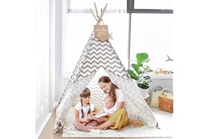 Tiny Land Tipi Tente pour Enfants avec Tapis & Guirlande Lumineuse, Tente de Jeu Pliable pour Intérieur et Extérieur, Tente Enfant en Toile Grise, Meilleur Cadeau Anniversaire pour Garçon et Fille