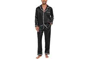 Nieery Pyjama Homme Satin Hiver Pyjamas en Soie Ensemble De Boutonné a Chemise Manche Longue Vêtement De Nuit
