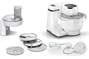 ‎BOSCH HAUSGERÄTE Bosch Küchenmaschine Serie 2, kleine Küchenmaschine, 3,8l Kunststoff-Schüssel, Durchlaufschnitzler, 4 Scheiben, 4 Stufen, Knethaken/Rührbesen/Schlagbesen, spülmaschinenfest, 700 W, weiß, MUMS2AW01