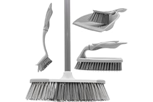 OurHouse 5 Piece Cleaning Set, Features Five Essential Cleaning Tools Including Dustpan & Brush, Long Handle Broom, Washing Up Brush, and Handheld Scrubber, Kitchen Lobby Floor, Any Room in the House