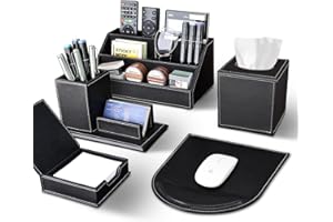 KINGFOM Organizer na biurko, skóra PU, uchwyt na długopisy, przybory biurowe, pudełko do przechowywania, 6 przegródek z szufladą, miętowa zieleń (T50H-Cczarny)