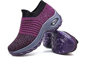 ANYRAIN Womens Slip On Walking Shoes - Breathable Mesh Sock Sneakers Athletic Road Running Trainers Air Cushion Platform Wedge Shoes