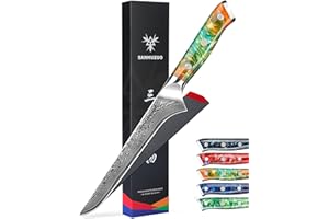 SANMUZUO Couteau à Filet de poisson 18 cm, Couteaux de Cuisinede Chef Japonais Couteau à désosser - Acier de Damas et Manche en Résine - Série Xuan(Orange Fantastique)