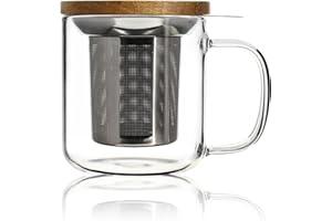 OGO LIVING - herbata ziołowa do smaku 300ml - 7912103 - Idealna do herbaty, herbaty ziołowej, naparów i rooibos - szklany kubek do herbaty i pokrywka z drewna akacjowego