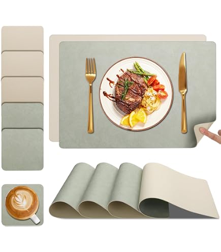 Set De 6 Sets De Table Et Sous-verres Simili-cuir | Réversible Vert Clair/beige | Protège Table Lavable