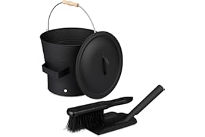 ‎RELAXDAYS Relaxdays Kosz na popiół z pokrywką i zestawem do zamiatania, 7,5 l, w zestawie trzepaczka i szufla kominkowa, pojemnik na popiół z uchwytem, czarny
