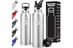 Motswedi Trinkflasche Edelstahl, 750 ml Auslaufsicher, Thermosflasche, Mit 2 Deckeln und Strohhalm, Wasserflasche, Vakuum Doppelwandig, Isolierflasche für Sport, Schule, Fitness, Edelstahlfarbe