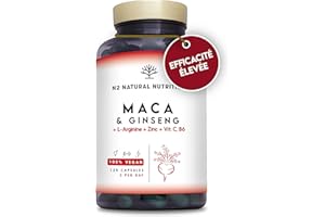 Maca Complex avec Ginseng, Arginine, Vitamins, Zinc. Régulateur Hormonal, Anti-stress, Énergie. 120 Gélules 60 Jours. Augmente L'Endurance et L'Énergie. 100% naturel. CE. N2 Natural Nutrition
