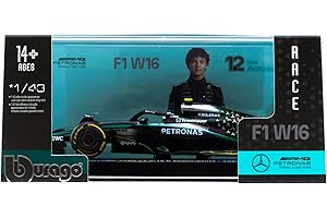Bburago - Mercedes-AMG W16 2025#12 Antonelli, Auto Diecast in Scala 1:43 con Teca Espositiva, Replica Dettagliata F1 Mercedes, Basetta Inclusa, Licenza Ufficiale, Età Consigliata 14+ Anni