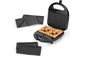 Aigostar gaufrier 3 en 1 : Presse à Paninis et appareil à sandwichs avec 3 Plaques Antiadhésives et Interchangeables, Thermostat Automatique, Grande puissance de 750W