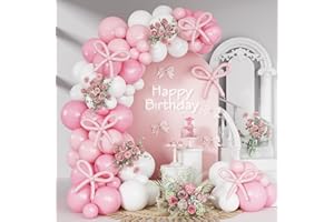 HILAVO Pink and White Bow Balloon Arch Kit - 91 Pcs Coquette Birthday Decor for Girls Princess Bridal Baby Shower Party Decorations