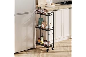 ‎MAHANCRIS MAHANCRIS Schlanker Rollwagen mit 3 Etagen, Schmaler Küchenwagen mit Rollen, Praktischer Aufbewahrungswagen, Küchenregal aus Spanplatte für Kleine Räume in Esszimmer, Badezimmer, Schwarz ARCHB1501