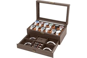 CeiBand Boîte à Bijoux en Cuir avec Couvercle Verre, Coffre à Bijoux avec Coussinets, 12 Compartiments et 1 Tiroir, pour Montres, Bagues, Bracelets (34*21*13cm)