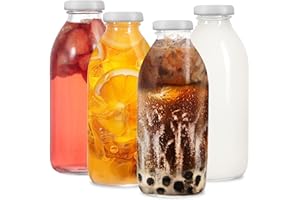 LIMILI Glass Bottles with Lids, 4PCS Glass Milk Bottles with Lids 500ml Clear Glass Drinking Bottles Juice Bottles Smoothie Reusable Milk Bottles for Protein Prep, Fridge and Dishwasher Safe