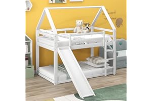 Azkoeesy 90x200 cm Etagenbett mit Rutsche, mit Lattenrost, Kinderbett in hausform, Hochbett, Stockbett, für 2 kinder, Kiefernholz, Weiß