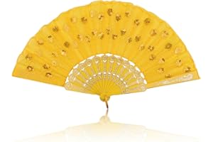 lvzhen Hand Fan Folding, Lace Spanish Fan Peacock Pattern Folding Fan Plastic Handheld Fan for Women Suitable for Wedding Engagement Dancing Birthday Party Cosplay (Yellow)