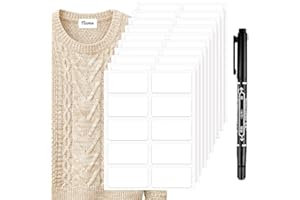 ISSIMOBER 100 Pièces Etiquette Thermocollante Vetement, Etiquette Vetement Avec 1 Marqueur De Tissu Permanent Pour Garderie, Camp, Maison De Retraite, Lavable En Machine Et Passe Au Sèche-Linge (Blanc)