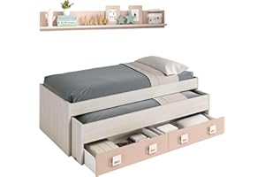HABITDESIGN Dmora - Letto per bambini Fairfield, Struttura letto per cameretta, Letto singolo con lettino estraibile, 199x96h65 cm, Bianco e Rosa