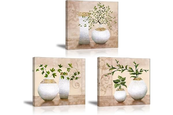 Piy Painting Élégante Décoration Murale, Plants in Vase Peintures pour Chambre à Coucher, avec cadre intérieur, 3 pièces 30x30cm