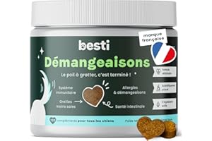 BESTI - Démangeaisons | 120 Compléments Alimentaires Premium pour Chiens | Contre Léchages, Grattements, Mordillements | Omega 3, Probiotiques | Marque Française - Formule Vétérinaire | Saumon | 300g
