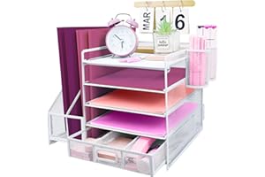 ideallife Schreibtisch Organizer Ablage aus Metall, 5 Ebenen Papier Briefablage mit Aktenhalter, Mesh Schreibtisch Akten Organizer mit Zeitschriftenhalter für Büro Dokumentenablage (Weiß)
