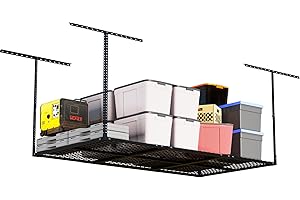 Jowkou Garage Ceiling Storage Rack, 3x6ft Overhead Storage System, Heavy-Duty Steel Hanging Rack Holds 220kg for Garage Organisation, Adjustable Loft Shelving, Easy DIY Install, Black