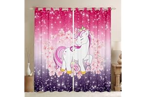 HOMEWISH Einhorn Vorhänge Glitzer Verdunkelungsvorhänge Kirschblüten Vorhänge Gardinen Kinder Karikatur Kawaii Tier Vorhang Ombre Galaxie Sterne Fantasie Mädchen ästhetisch Rosa Lila 55" x 69",2 Paneele