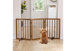 Semiocthome Bamboo Wood Dog Gates and Barriers Indoor, 3-Panel Freestanding Puppy Gates for The House with 2 Metal Stands, 60cm(H) Folding Pet Gate for Stairs, Doorway Expands Up to 140cm Walnut