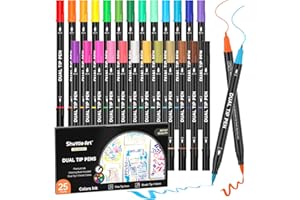 Shuttle Art Pennarelli a doppia punta, 25 colori di inchiostro a base d'acqua, pennarello sottile e punta a pennello con 1 libro da colorare per bambini e adulti, artisti, calligrafia, lettere a
